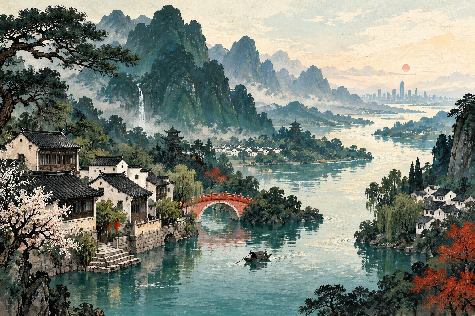 Editorial illustration of a journey through Chinese mountains, waterside villages and a distant city